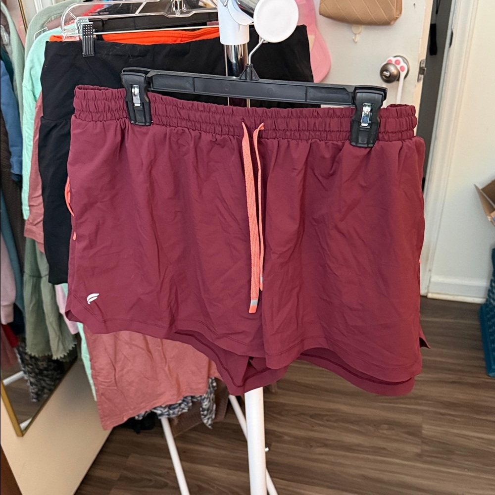 Fabletics Maroon Athletic Shorts with Coral Accents